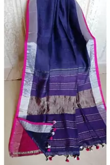 Blue Hand Woven Linen Saree With Blouse