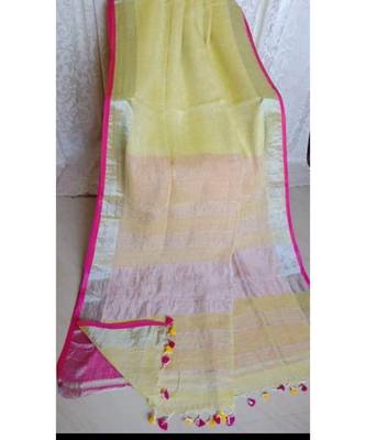 Yellow Hand Woven Linen Saree With Blouse 1