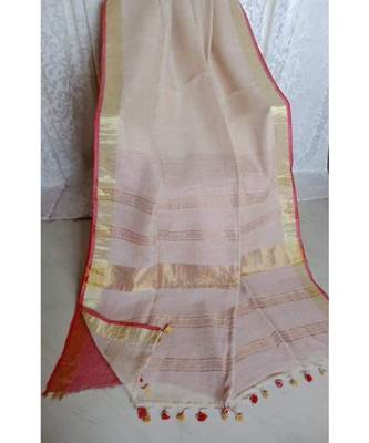 Cream Hand Woven Linen Saree With Blouse 1