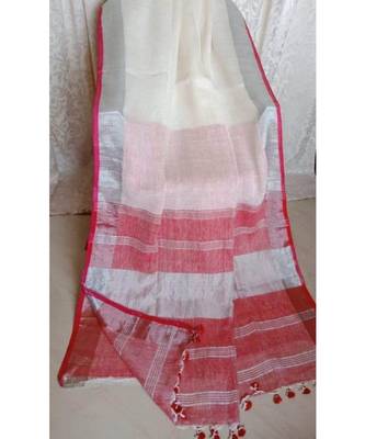 White Hand Woven Linen Saree With Blouse 1