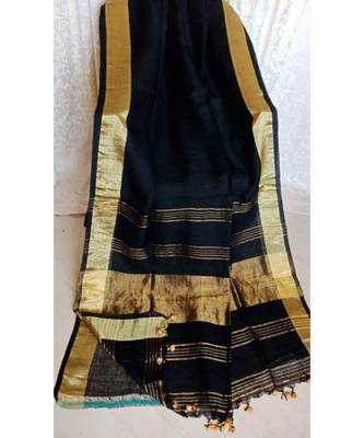 Black Hand Woven Linen Saree With Blouse 1