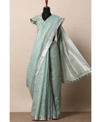 Green Hand Woven Linen Saree With Blouse 1