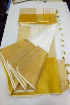 White Hand Woven Linen Saree With Blouse