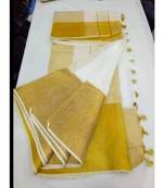 White Hand Woven Linen Saree With Blouse