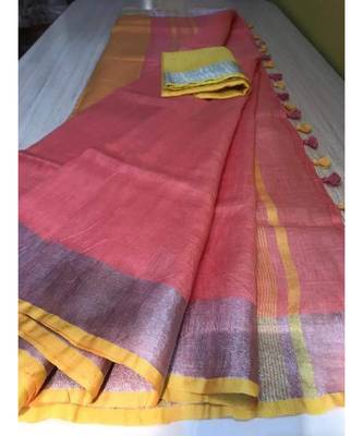 Pink Hand Woven Linen Saree With Blouse 1