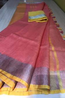 Pink Hand Woven Linen Saree With Blouse