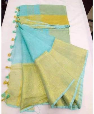 Turquoise Hand Woven Linen Saree With Blouse 1