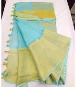 Turquoise Hand Woven Linen Saree With Blouse