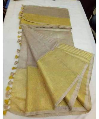 Cream Hand Woven Linen Saree With Blouse 1