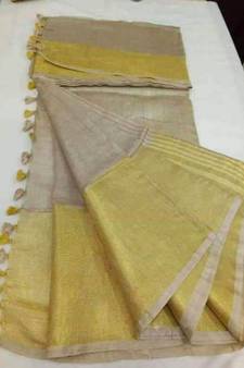 Cream Hand Woven Linen Saree With Blouse