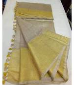Cream Hand Woven Linen Saree With Blouse