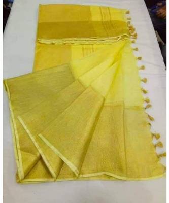 Yellow Hand Woven Linen Saree With Blouse 1
