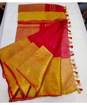 Red Hand Woven Linen Saree With Blouse 1