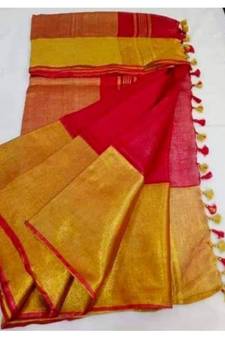 Red Hand Woven Linen Saree With Blouse