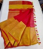 Red Hand Woven Linen Saree With Blouse