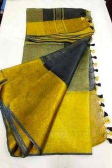 Black Hand Woven Linen Saree With Blouse