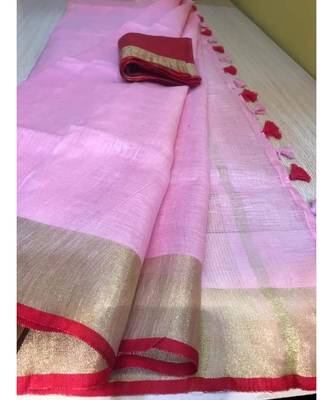Pink Hand Woven Linen Saree With Blouse 1
