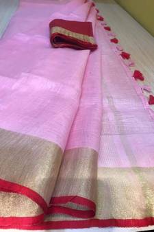 Pink Hand Woven Linen Saree With Blouse