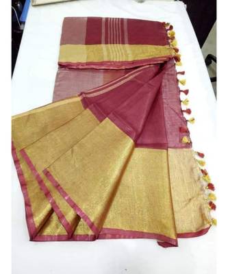 Maroon Hand Woven Linen Saree With Blouse 1