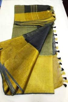 Black Hand Woven Linen Saree With Blouse