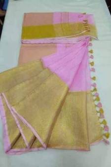 Pink Hand Woven Linen Saree With Blouse