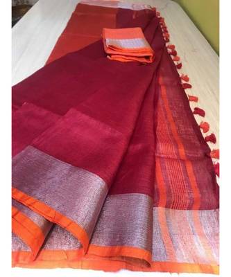 Red Hand Woven Linen Saree With Blouse 1