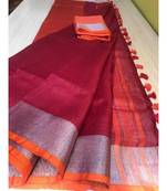 Red Hand Woven Linen Saree With Blouse