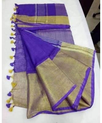 Blue Hand Woven Linen Saree With Blouse 1