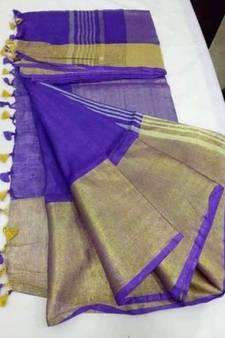 Blue Hand Woven Linen Saree With Blouse