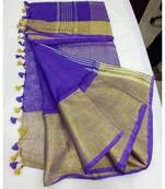 Blue Hand Woven Linen Saree With Blouse