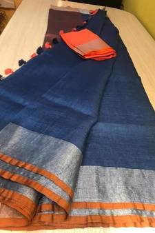 Grey Hand Woven Linen Saree With Blouse