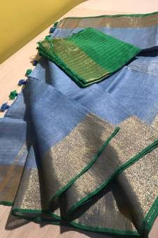 Grey Hand Woven Linen Saree With Blouse