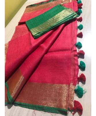 Red Hand Woven Linen Saree With Blouse 1