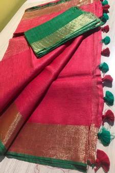 Red Hand Woven Linen Saree With Blouse