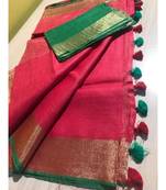 Red Hand Woven Linen Saree With Blouse