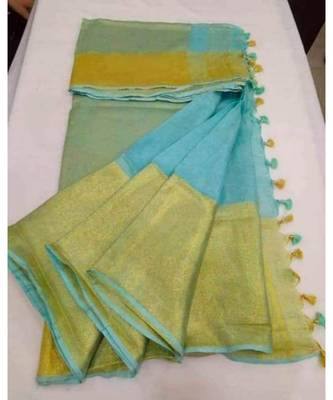 Turquoise Hand Woven Linen Saree With Blouse 1