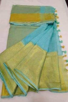 Turquoise Hand Woven Linen Saree With Blouse