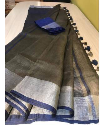 Grey Hand Woven Linen Saree With Blouse 1