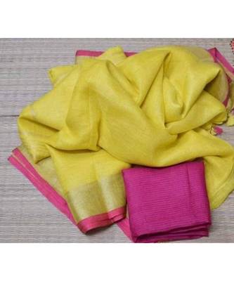 Yellow Hand Woven Linen Saree With Blouse 1