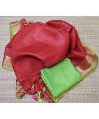 Red Hand Woven Linen Saree With Blouse 1