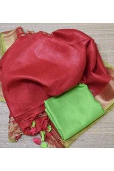 Red Hand Woven Linen Saree With Blouse