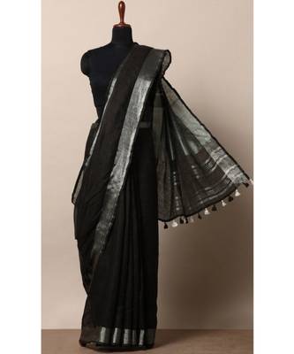 Black Hand Woven Linen Saree With Blouse 1