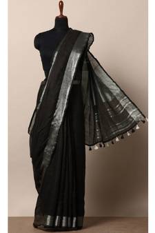 Black Hand Woven Linen Saree With Blouse