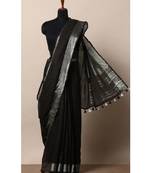 Black Hand Woven Linen Saree With Blouse