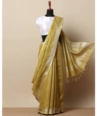 Yellow Hand Woven Linen Saree With Blouse 1