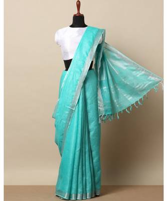 Turquoise Hand Woven Linen Saree With Blouse 1