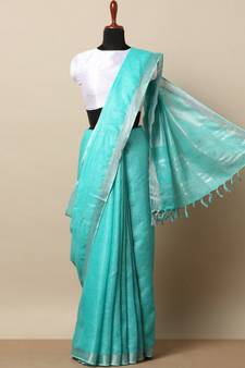Turquoise Hand Woven Linen Saree With Blouse