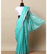 Turquoise Hand Woven Linen Saree With Blouse