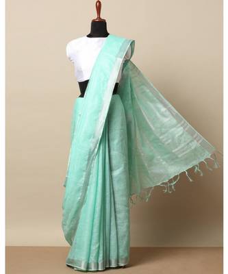 Turquoise Hand Woven Linen Saree With Blouse 1