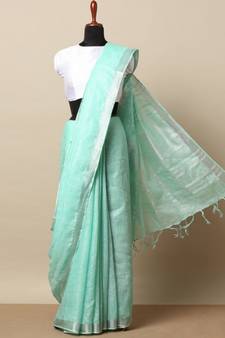 Turquoise Hand Woven Linen Saree With Blouse